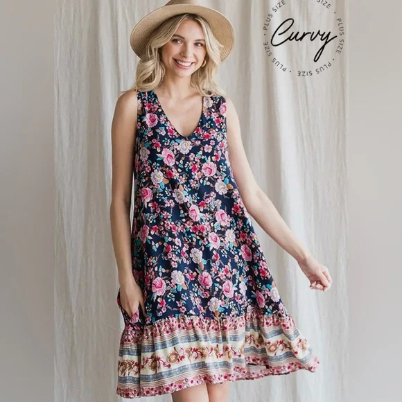 Floral Border Print Ruffle Hem Dress - Picture 1 of 3